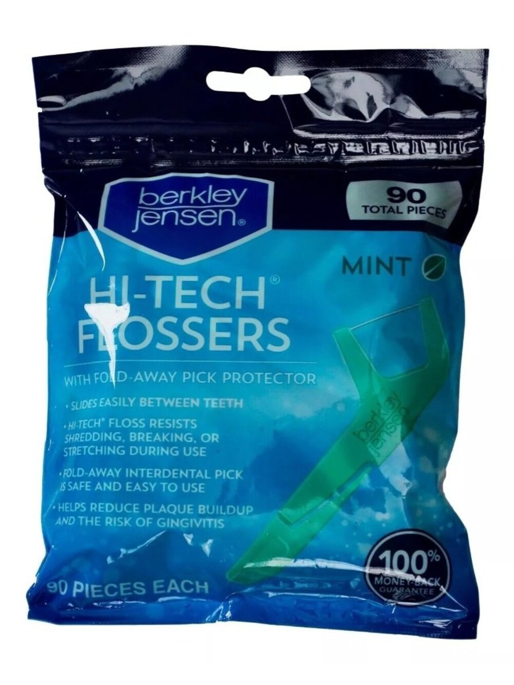 Berkley Jensen Hi-Tech Flossers Mint 90 Pieces With Fold-Away Pick Protec Sealed